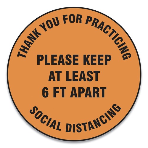Floor Signs & Safety Signs | GN1 MFS429ESP 17 in. Circle "Thank You For Practicing Social Distancing Please Keep At Least 6 ft. Apart" Slip-Gard Floor Signs - Orange (25/Pack) image number 0