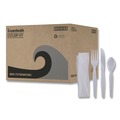 Cutlery | Boardwalk BWKFKTNHWPSWH Heavyweight Fork/Knife/Napkin/Teaspoon 4-Piece Plastic Cutlery Kit - White (250/Carton) image number 0