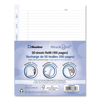 Blueline AFR9050R 9.25 in. x 7.25 in. MiracleBind Undated Ruled Paper Refill Sheets for all MiracleBind Notebooks and Planners - White/Blue Sheets