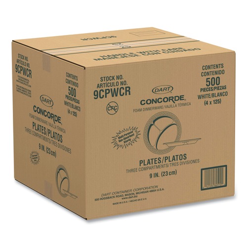  | Dart 9CPWCR 9 in. 3-Compartment Concorde Foam Plate - White (4 Packs/Carton) image number 0