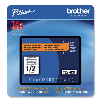 Brother P-Touch TZEB31CS TZe 0.47 in. x 26.2 ft. Laminated Removable Label Tapes - Black on Orange