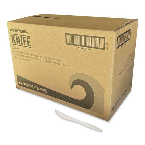 Cutlery | Boardwalk BWKKNIFEMWPPIW 5.86 in. Mediumweight Wrapped Polypropylene Plastic Knife Cutlery - White (1000/Carton) image number 0