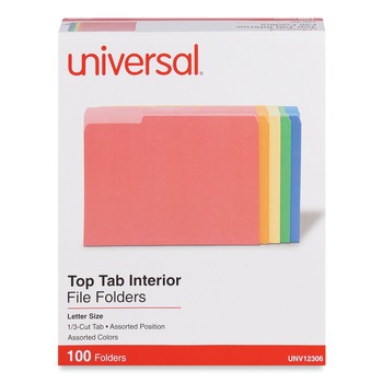 Universal UNV12306 1/3-Cut Assorted Tab Interior File Folders - Letter Size, Assorted Colors (100/Box)