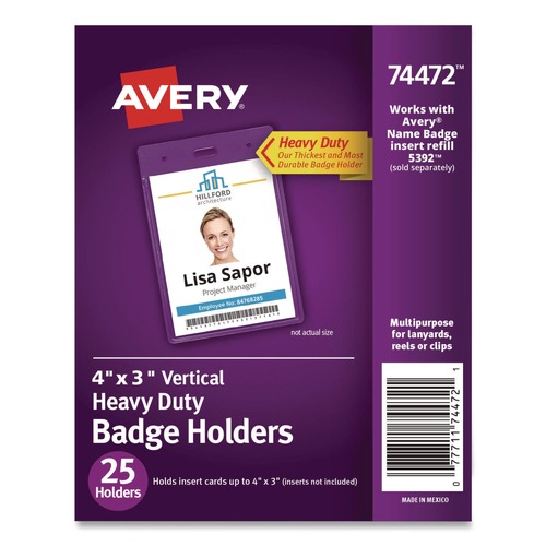 Label & Badge Holders | Avery 74472 3w x 4h Secure Top Heavy-Duty Vertical Badge Holders - Clear (25/Pack) image number 0
