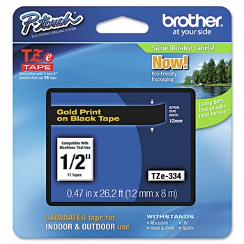 LABELS AND LABEL MAKERS | Brother P-Touch TZE334 0.47 in. x 26.2 ft. TZe Standard Adhesive Laminated Labeling Tape - Gold on Black