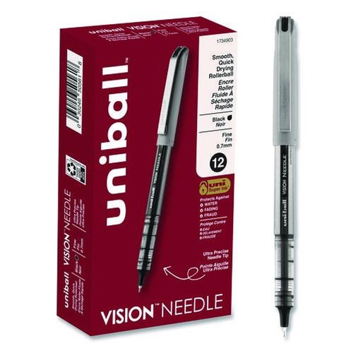 Pens | uni-ball 1734903 VISION Fine 0.7 mm Stick Needle Roller Ball Pen - Black Ink Gray/Clear/Black Barrel (1-Dozen) image number 0