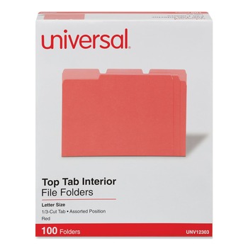 Universal UNV12303 1/3-Cut Assorted Tab Interior File Folders - Letter Size, Red (100/Box)