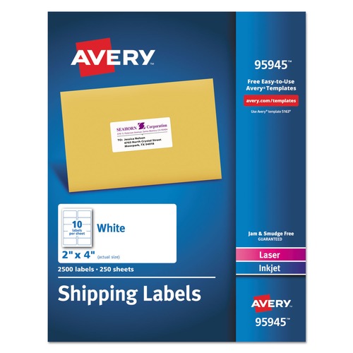 Labels | Avery 95945 Inkjet/Laser Printer 2 in. x 4 in. Shipping Label Bulk Packs - White (10/Sheet, 250-Sheet/Box) image number 0