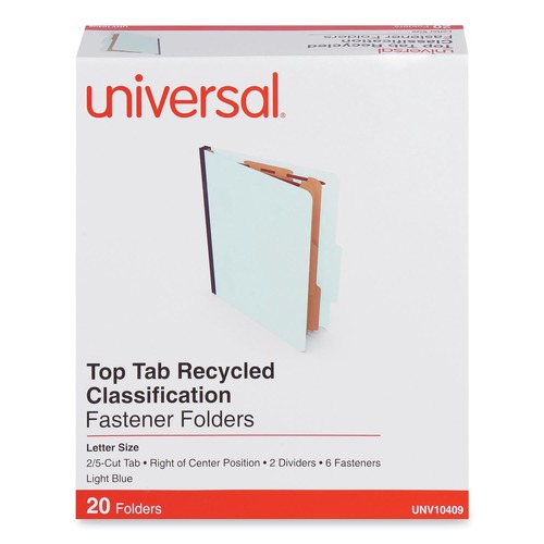 File Folders | Universal UNV10409 2 Dividers 6 Fasteners Heavy-Duty Pressboard Cover Letter Size Six-Section Classification Folders - Light Blue (20/Box) image number 0