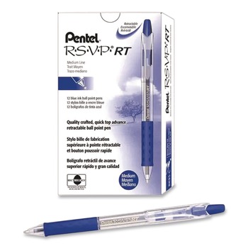 Pentel BK93-C 1 mm R.S.V.P. RT Ballpoint Pen - Medium/Blue Ink/Clear Barrel (1-Dozen)