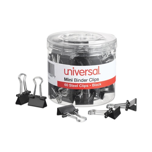 Binding Spines & Combs | Universal UNV11060 Binder Clips with Storage Tub - Mini, Black/Silver (60/Pack) image number 0