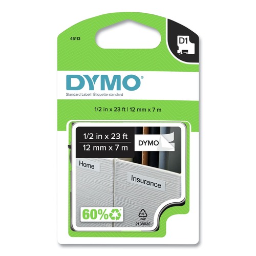 Labels | DYMO 45113 0.5 in. x 23 ft. D1 High-Performance Polyester Removable Label Tape - Black on White image number 0