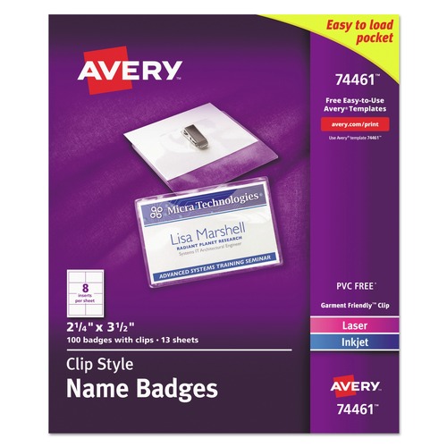 Label & Badge Holders | Avery 74461 3.5 in. x 2.25 in. Top Load Clip-Style Badge Holder with Laser/Inkjet Insert - White (100/Box) image number 0