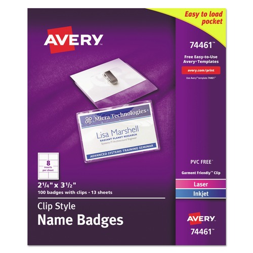 Label & Badge Holders | Avery 74461 3.5 in. x 2.25 in. Top Load Clip-Style Badge Holder with Laser/Inkjet Insert - White (100/Box) image number 0
