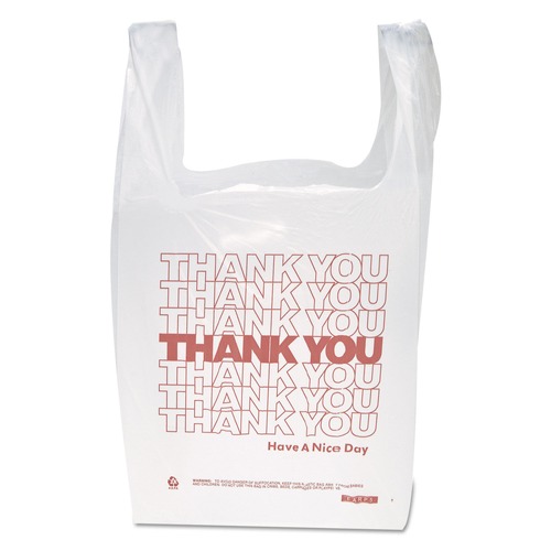  | Inteplast Group THW1VAL 11-1/2 in. x 21 in. Polyethylene Thank You Handled T-Shirt Bags - White (900/Carton) image number 0