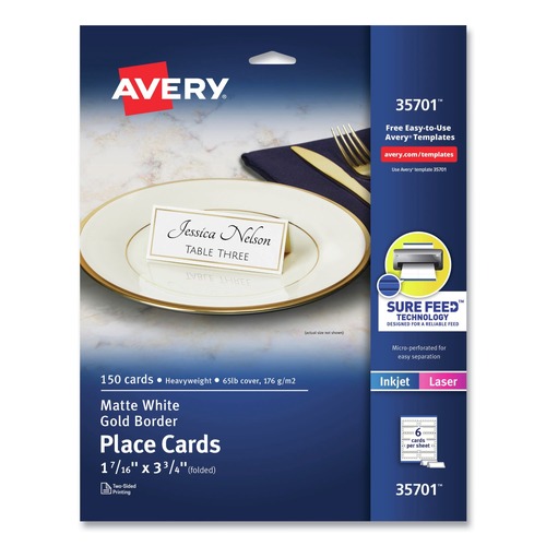 Business Cards | Avery 35701 3.75 in. x 1.44 in. Tent Cards - White/Gold (6 Cards/Sheet, 25 Sheets/Pack) image number 0