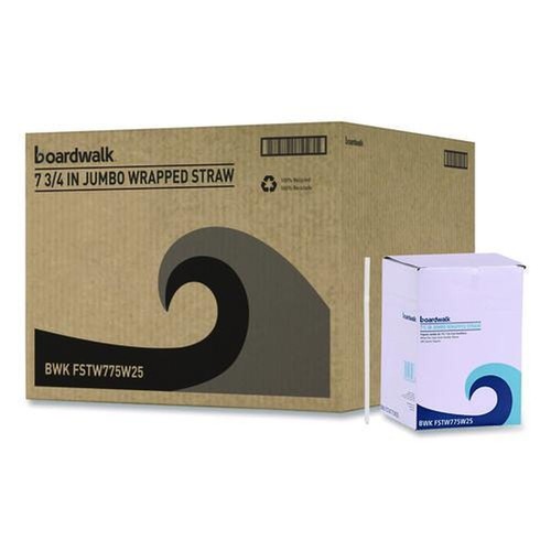 Cutlery | Boardwalk BWKFSTW775W25 7.75 in. Flexible Plastic Wrapped Straws - White (20/Carton) image number 0
