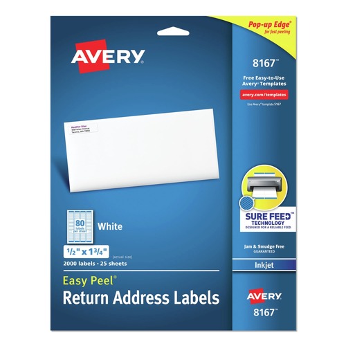 Back to School Sale | Avery 08167 0.5 in. x 1.75 in. Easy Peel Address Labels with Sure Feed Technology for Inkjet Printers - White (80/Sheet, 25 Sheets/Pack) image number 0