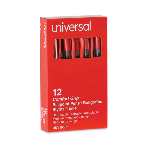 Pens | Universal UNV15532 1 mm Comfort Grip Retractable Ballpoint Pen - Medium, Red (1 Dozen) image number 0