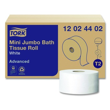 Tork 12024402 Advanced 3.48 in. x 751 ft. 2-Ply Septic Safe Mini-Jumbo Roll Bath Tissue - White (12/Carton)