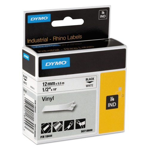 Back to School Sale | DYMO 18444 0.5 in. x 18 ft. Rhino Permanent Vinyl Industrial Label Tape - White/Black Print image number 0