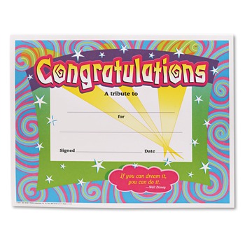 TREND T2954 11 x 8.5 Congratulations Colorful Classic Certificates - Assorted Colors with White Border (30/Pack)