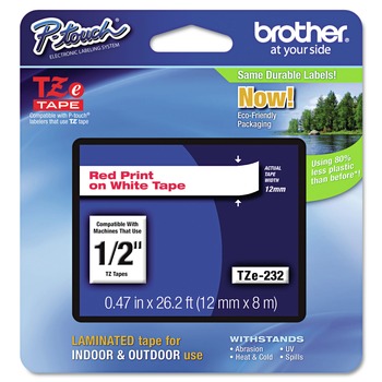 Brother P-Touch TZE232 0.47 in. x 26.2 ft. TZe Standard Adhesive Laminated Labeling Tape - Red on White
