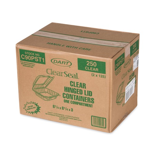  | Dart C90PST1 ClearSeal 8.3 in. x 8.3 in. x 3 in. Hinged-Lid Plastic Containers - Clear (250/Carton) image number 0