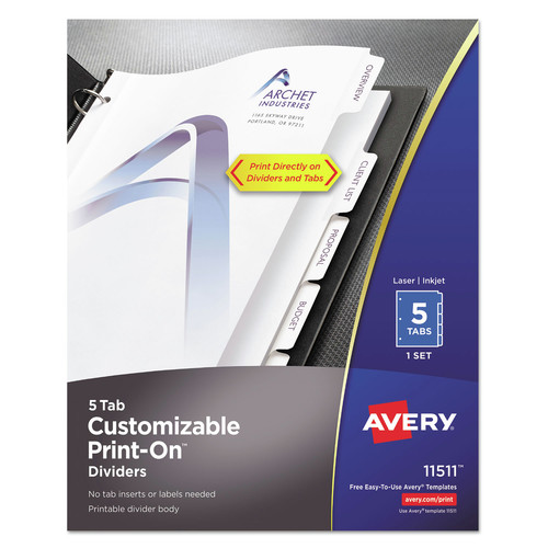 Binders | Avery 11511 11 in. x 8.5 in. 5-Tab 3-Hole Punched Customizable Print-On Dividers - White (5/Pack) image number 0
