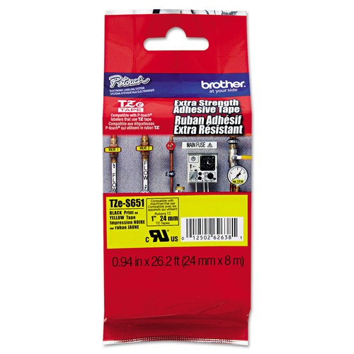 Labels | Brother P-Touch TZES651 0.94 in. x 26.2 ft. TZe Standard Adhesive Laminated Labeling Tape - Black on Yellow image number 0