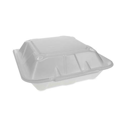 Food Trays, Containers, and Lids | Pactiv Corp. YTD19903ECON 9.13 in. x 9 in. x 3.25 in. 3 Compartment Dual Tab Lock Economy Vented Foam Hinged Lid Containers - White (150/Carton) image number 0