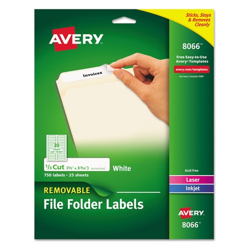 Back to School Sale | Avery 08066 0.66 in. x 3.44 in. Removable File Folder Labels with Sure Feed Technology - White (30/Sheet, 25 Sheets/Pack) image number 0