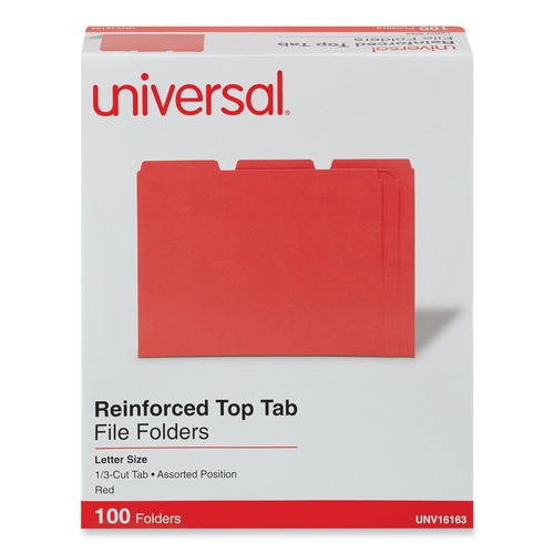 File Folders | Universal UNV16163 Reinforced 1/3-Cut Assorted Top-Tab File Folders - Letter Size, Red (100/Box) image number 0