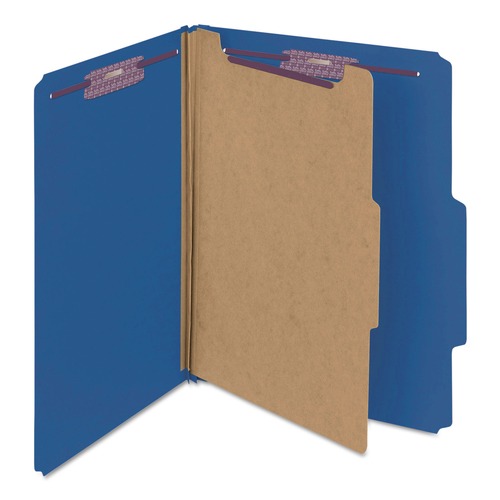 File Folders | Smead 13732 4-Section Pressboard Top Tab Classification Folders with 4 SafeSHIELD Fasteners - Letter Size/Dark Blue (10/Box) image number 0