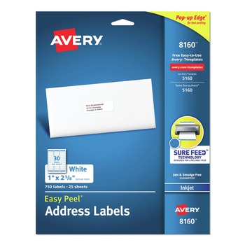 Avery 08160 1 in. x 2.63 in. Easy Peel Address Labels with Sure Feed Technology for Inkjet Printers - White (30/Sheet, 25 Sheets/Pack)