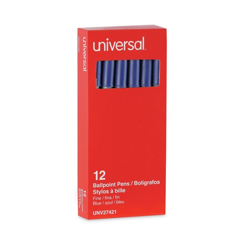 Pens | Universal UNV27421 Fine 0.7 mm Stick Ballpoint Pen - Blue Ink, Gray/Blue Barrel (1 Dozen) image number 0