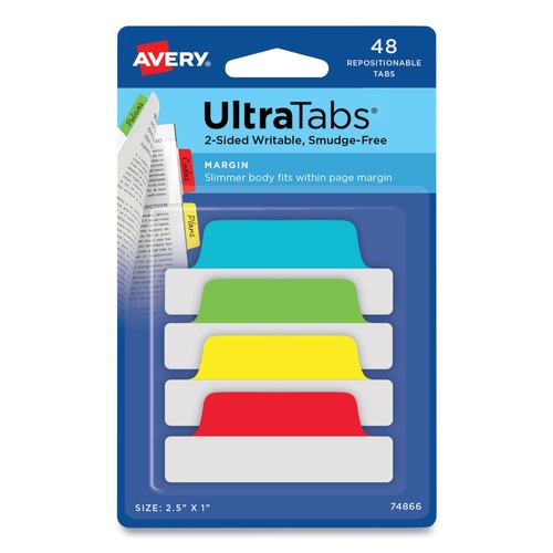 Dividers & Tabs | Avery 74866 2.5 in. x 1 in. 1/5-Cut Ultra Tabs Repositionable Tabs - Assorted Colors (48/Pack) image number 0
