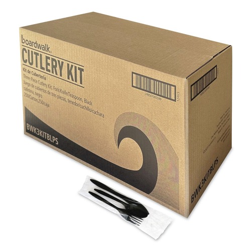 Cutlery | Boardwalk BWK3KITBLPS 3-Piece Polystyrene Fork/Knife/Teaspoon Cutlery Kit - Black (250/Carton) image number 0