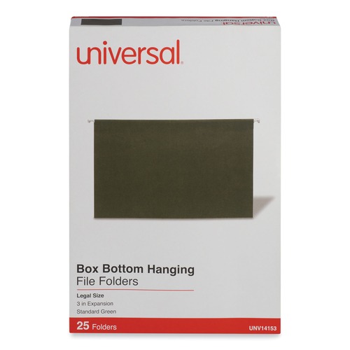 File Folders | Universal UNV14153 1/5-Cut Tab Box Bottom Hanging File Folders - Legal Size, Standard Green (25/Box) image number 0