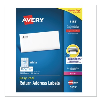 BINDERS AND BINDING SUPPLIES | Avery 05155 0.66 in. x 1.75 in. Easy Peel Address Labels with Sure Feed Technology for Laser Printers - White (60/Sheet, 100 Sheets/Box)