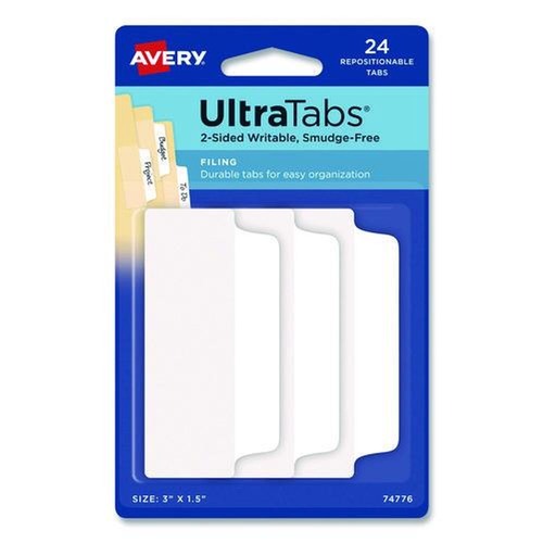 Dividers & Tabs | Avery 74776 3 in. x 1.5 in. 1/3-Cut Ultra Tabs Wide and Slim Repositionable Tabs - White (24/Pack) image number 0