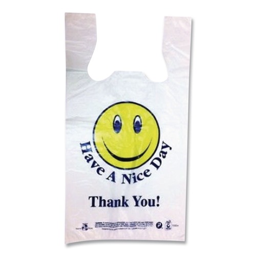  | Barnes Paper Company T1-6SMILEY 11.5 in. x 21 in. 12.5 microns Smiley Face Shopping Bags - White (900/Carton) image number 0