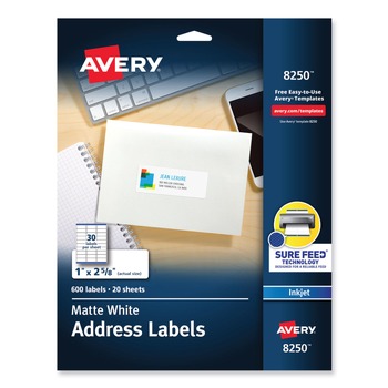 Avery 08250 1 in. x 2.63 in. Vibrant Inkjet Color-Print Labels with Sure Feed - Matte White (600/PK)