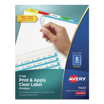 DIVIDERS AND TABS | Avery 11423 Index Maker 11 in. x 8.5 in. 5-Tab Traditional Color Print and Apply Clear Label Dividers - Assorted (25/Box)
