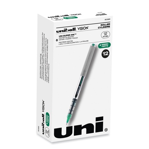 Back to School Sale | uni-ball 60386 Fine 0.7 mm VISION Stick Roller Ball Pen - Green Ink, Silver/Green/Clear Barrel (1-Dozen) image number 0