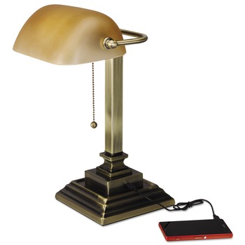 Alera ALELMP517AB 10 in. x 10 in. x 15 in. Traditional Banker's Lamp with USB - Antique Brass