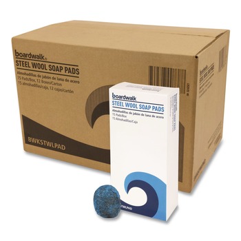 CLEANING TOOLS | Boardwalk 96130-M-BWK 3 in. x 2.5 in. Steel Wool Soap Pads - Blue (12 Boxes/Carton)
