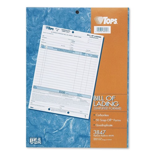 Retail Store Supplies | TOPS 3847 8.5 x 11 Four-Part Carbonless Bill of Lading (50/Pack) image number 0