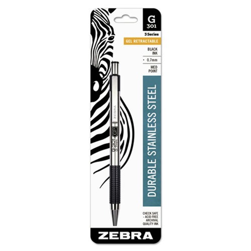 Pens | Zebra 41311 G-301 Medium 0.7 millimeter Retractable Gel Pen - Black Ink/Stainless Steel/Black Barrel image number 0