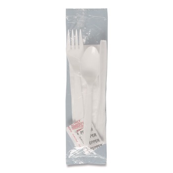 SOLO MOW8Y-0007 Medium Weight PP Kit Wrapped Fork/Knife/Teaspoon/Napkin with Salt and Pepper - White (250/Carton)
